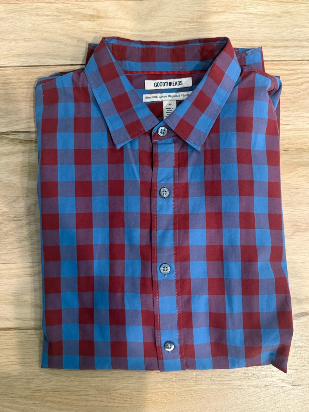 Goodthreads Men’s Blue and Red Check Casual Button-Down Shirt